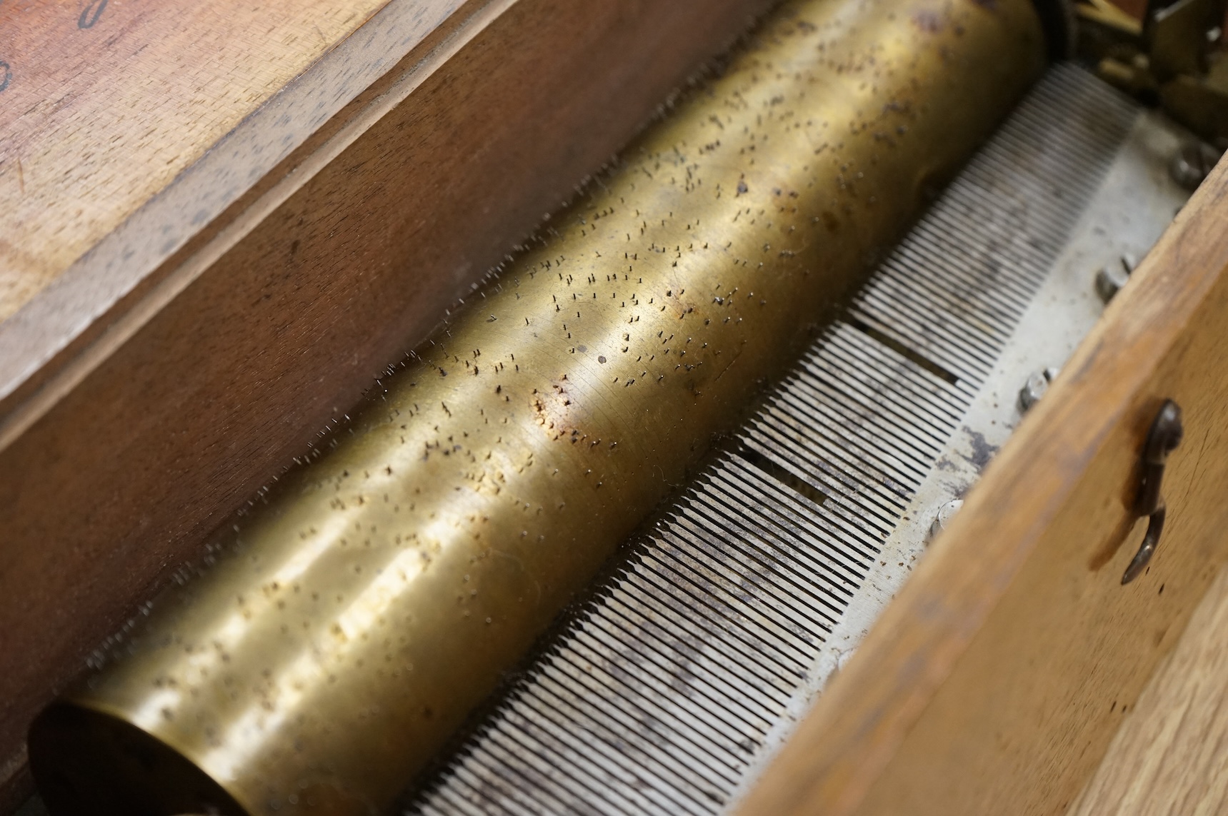 An early F. Nicole key-wound four-air Swiss cylinder box, number 14179, in mahogany case, cylinder length 19.5cm, case length 32cm.